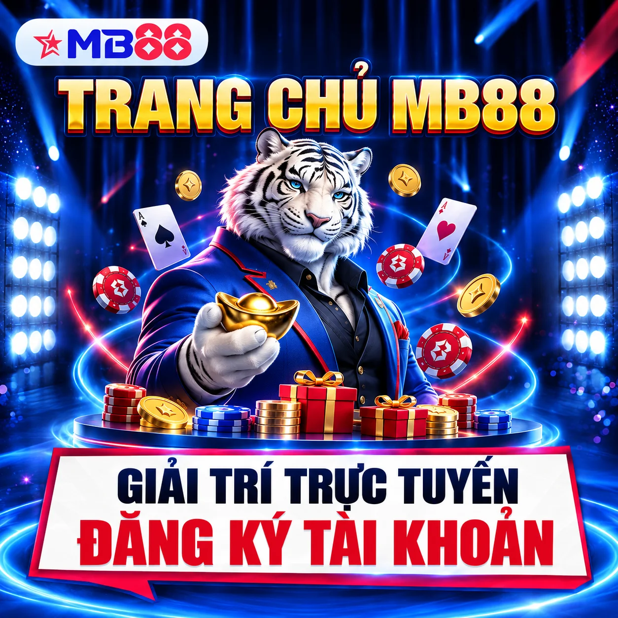 Banner MB88 mobile bố cục vuông với hổ trắng và logo thương hiệu.